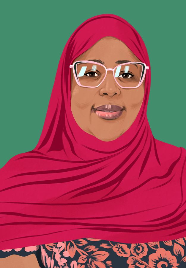 Illustrated portrait of Amina smiling confidently, looking at the reader.