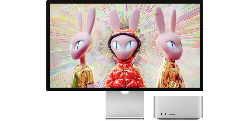 Mac Studio alongside パチンコ 景品 種類 Studio Display showing a 3D image of humanoid rabbit characters.