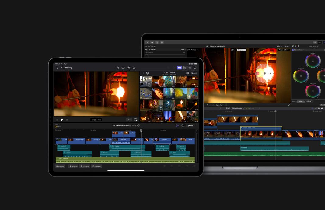 Footage of glassblowing shown on side-by-side iPad Pro and Mac.パチンコ マックス 機 ランキングPencil with the title screen for a film in Final Cut Pro for iPad next to MacBook Pro with the same film being edited in Final Cut Pro.