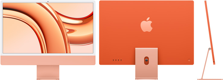 Front, back, and side view of iMac in orange