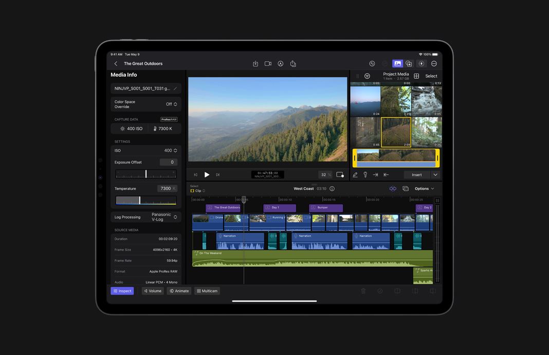 Media info screen for ProRes Raw footage showing image data in Final Cut Pro for iPad on iPad Pro.