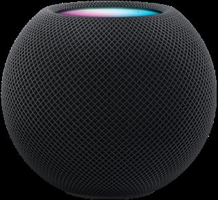 Space Gray スロット シアター 四海 樓 データ HomePod mini with colorful pixels in motion above it spelling the word “mini.”