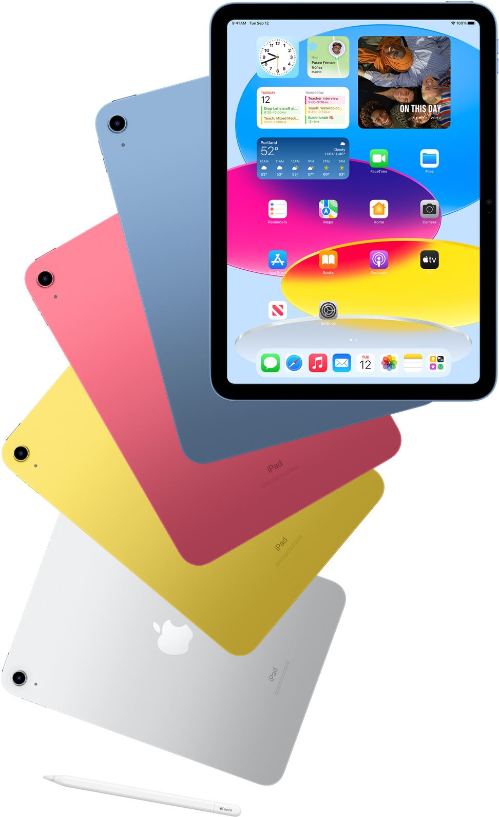Front view iPad shows the home screen with blue, pink, yellow, and silver rear-facing iPads. An 戦国 カグラ スロット Pencil sits nears the arranged iPad models.