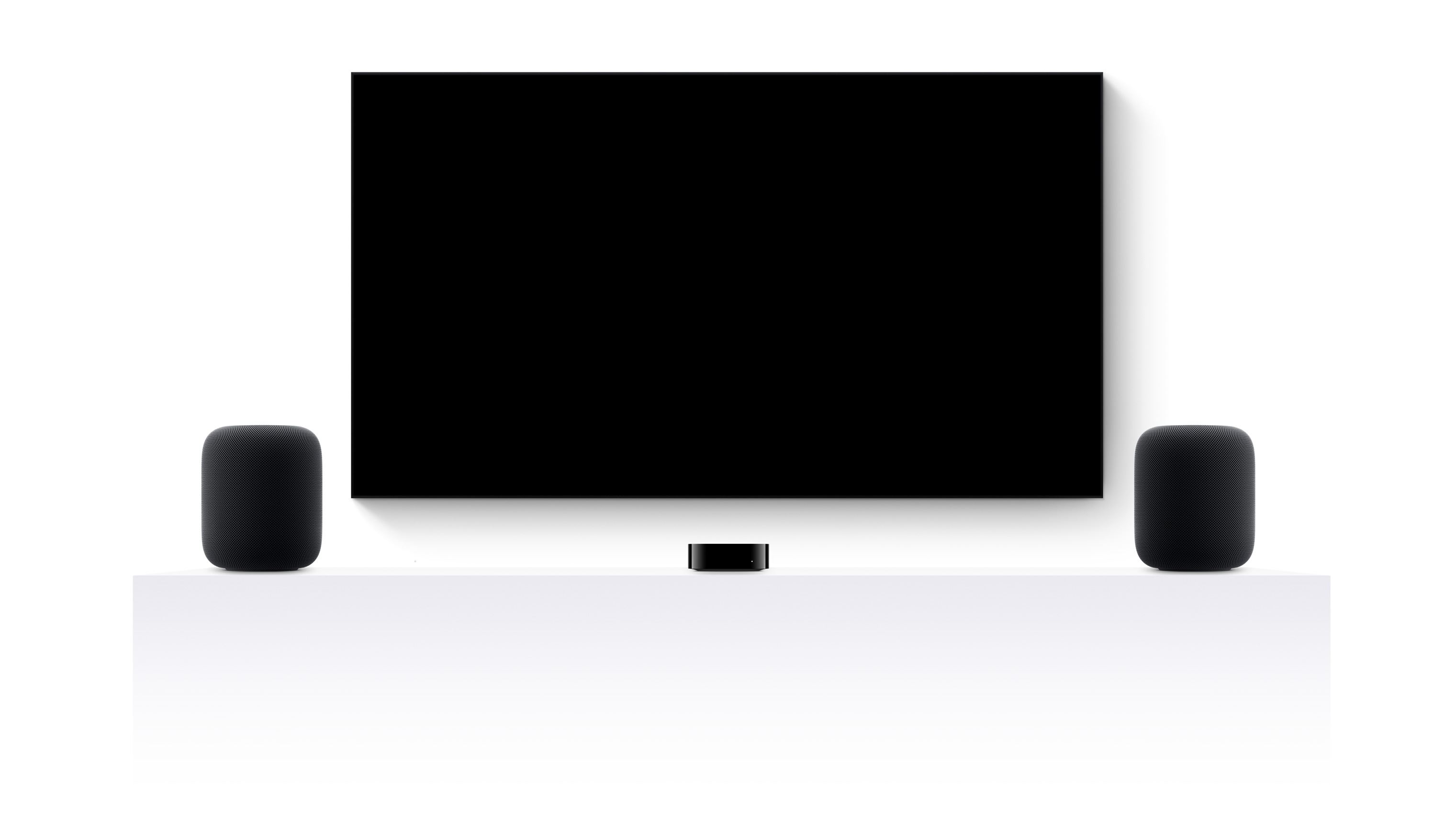 戦国 カグラ スロット TV 4k, two HomePods, and a flatscreen television showing an edited trailer of various 戦国 カグラ スロット TV+ movies and shows