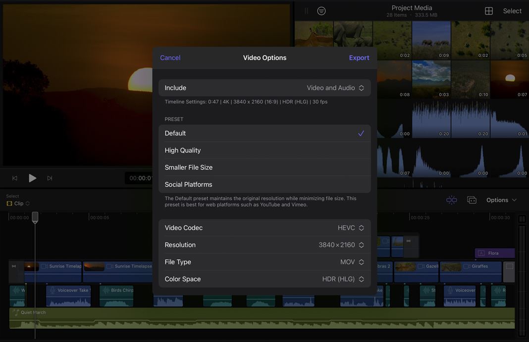 A menu showing various presets for sharing or rendering footage in Final Cut Pro for iPad.