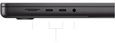 MacBook Pro 16-inch, closed, left side, showing MagSafe 3 port, two Thunderbolt 4 ports, and headphone jack
