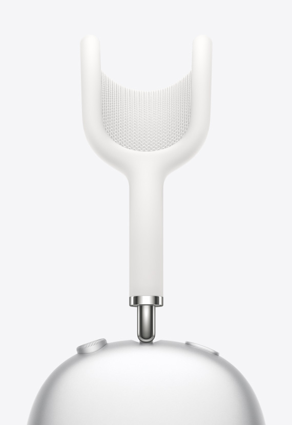 Mesh of canopy taut between curved Y-shaped canopy, flowing into a stemmed arm that connects to the ear cups of AirPods Max in Silver.