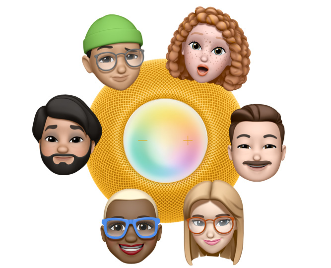 6 different Memoji faces encircle a top view of a yellow スロット シアター 四海 樓 データ HomePod mini. 3 characters say “Hey, Siri” in blue speech bubbles.
