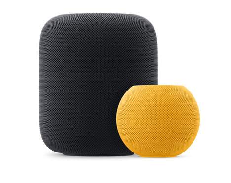 One Midnight HomePod and one Yellow HomePod mini sitting side-by-side