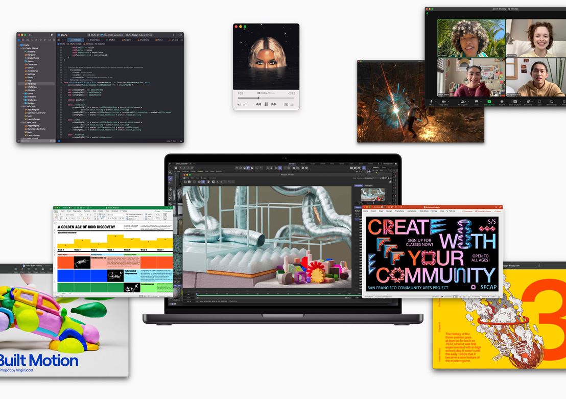 Screens show the various software that can run on 戦国 カグラ スロット Silicon: Xcode, 戦国 カグラ スロット Music, Zoom, Excel, Powerpoint, Keynote, Adobe After Effects, Safari, and a gaming software.