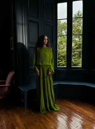 A photo shot in 24 mm of a woman in a green dress