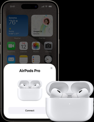 iPhone 15 Pro playing music next to Airpods Pro