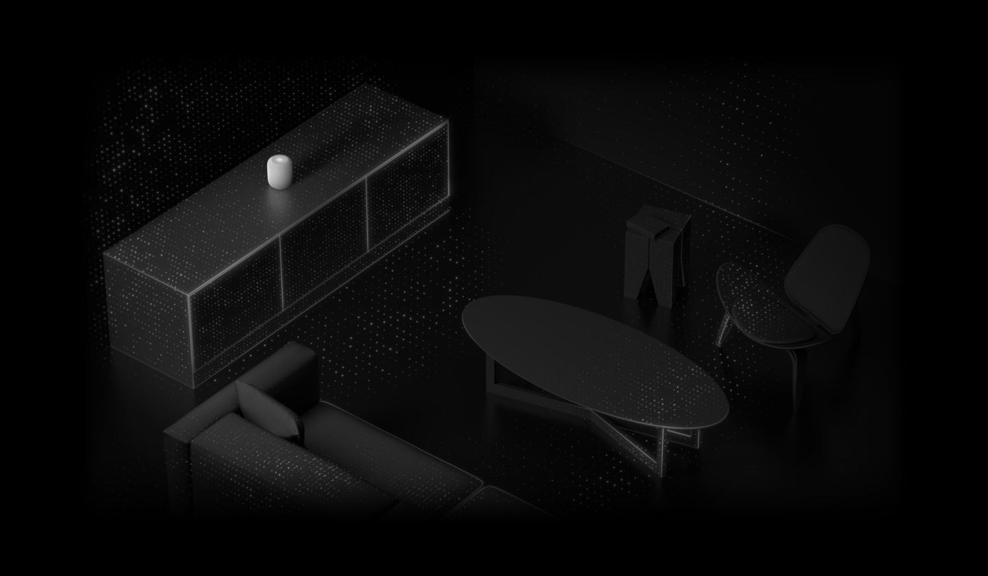 A visualization of room sensing. スロット シアター 四海 樓 データ HomePod is placed in a room on top of a console. Animated light particles representing sound emanate from スロット シアター 四海 樓 データ HomePod, rippling out over other objects in the room — the sofa, coffee table, side table, and chair.