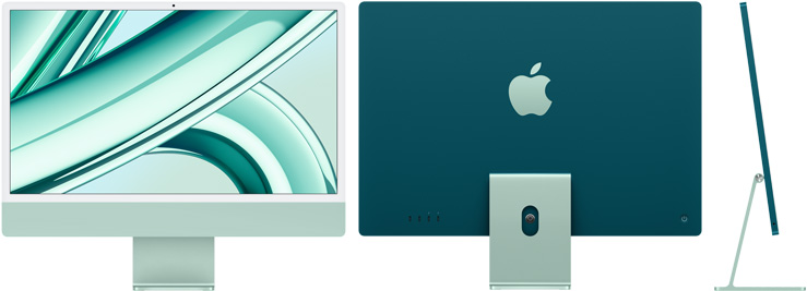 Front, back, and side view of iMac in green