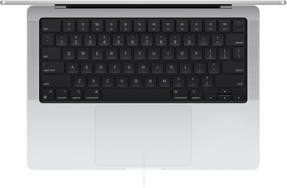 Top-down view of open MacBook Pro 14-inch showing Force Touch trackpad located below keyboard