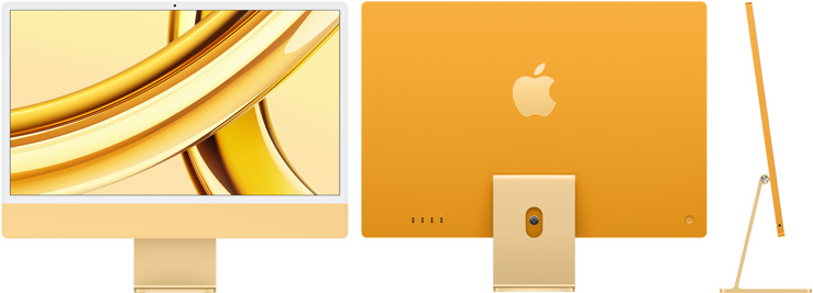 Front, back, and side view of iMac in yellow