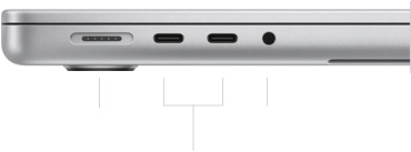 MacBook Pro 14-inch with M3, closed, left side, showing MagSafe 3 port, two Thunderbolt / USB 4 ports, and headphone jack