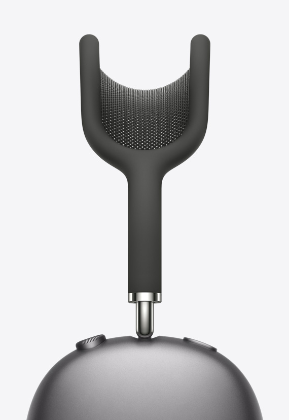 Mesh of canopy taut between curved Y-shaped canopy, flowing into a stemmed arm that connects to the ear cups of AirPods Max in Space Gray.