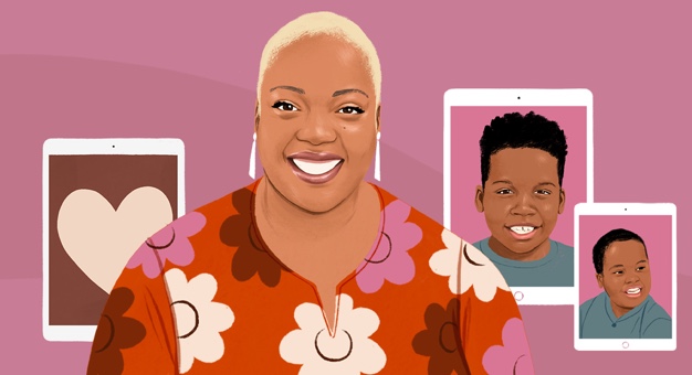 Illustration of Nafisah smiling in front of pictures on iPad devices.