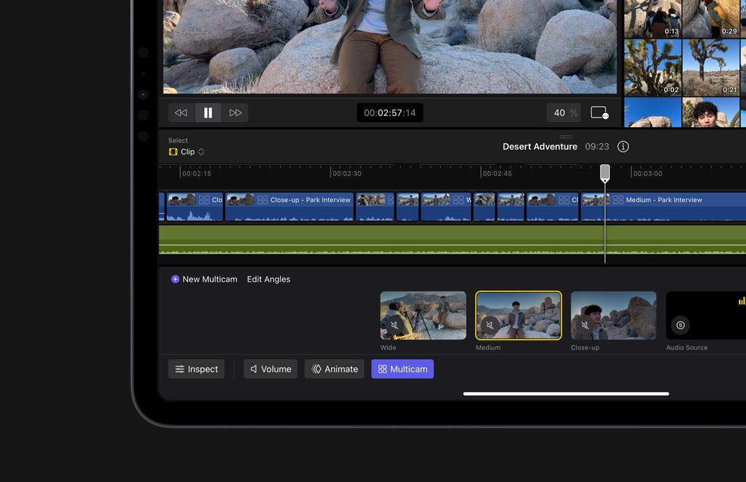 Switching angles in the Magnetic Timeline in Final Cut Pro for iPad on iPad Pro.
