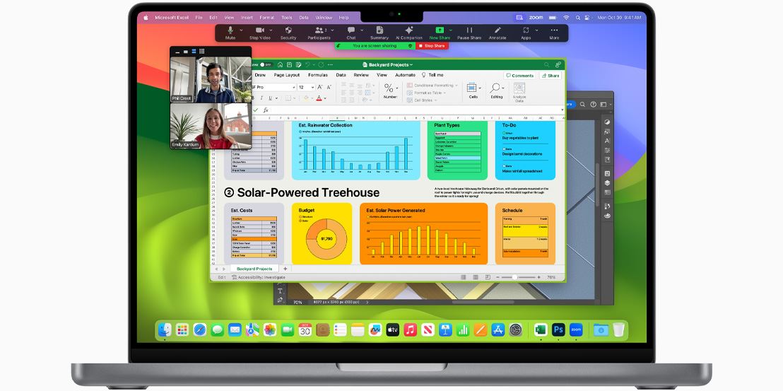 MacBook Pro screen shows Facetime, Microsoft Excel, and Adobe Photoshop.
