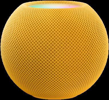 Yellow スロット シアター 四海 樓 データ HomePod mini with colorful pixels in motion above it spelling the word “mini.”